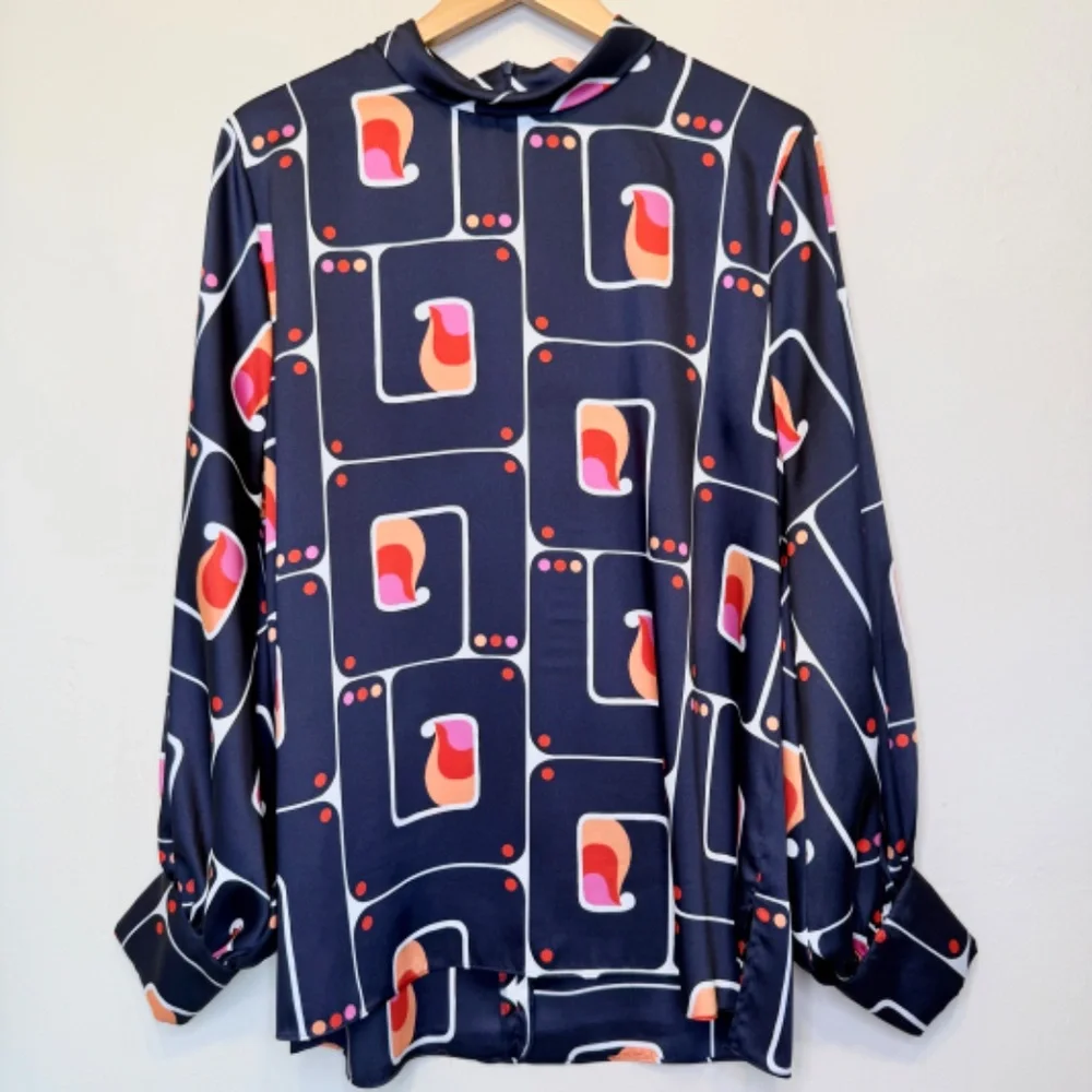 Zara | Retro Geo High Collar Mock Neck Long Sleeve Printed Charmeuse Blouse - Picture 7 of 16